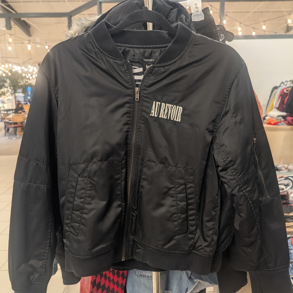 Black Bomber Jacket with 'Au Revoir' Print